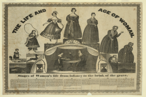 Eine farbenfrohe Papierreproduktion, die die Lebensphasen von Frauen von der Kindheit bis ins hohe Alter zeigt, mit deutlicher Schrift und detaillierten Elementen.