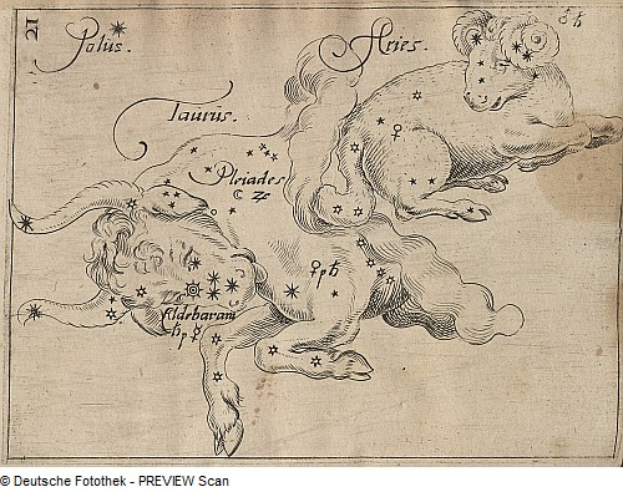 Eine Zeitung mit einer Zeichnung eines Löwen und einem Tierkreiszeichen, zusammen mit Text, der Sternbilder beschreibt.