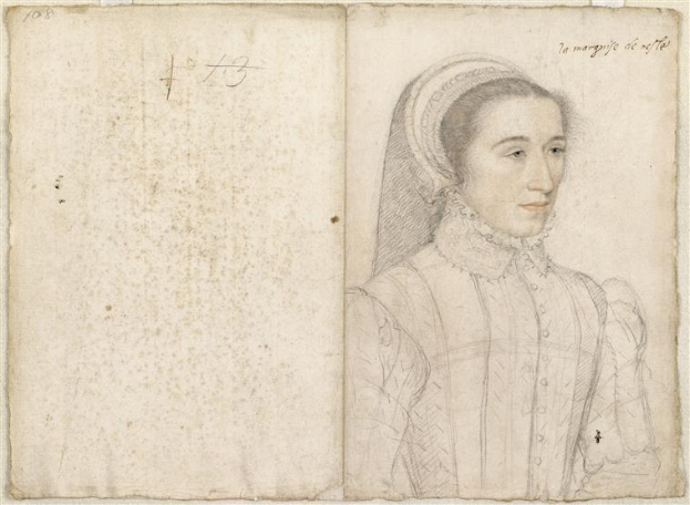 Ein aufgeschlagenes Buch mit einer detaillierten, lebensechten Zeichnung von Marguerite de Nantes, einer französischen Adligen in einem Kleid, mit zurückgebundenem Haar und einem sanften Gesichtsausdruck, begleitet von kursivem Text.