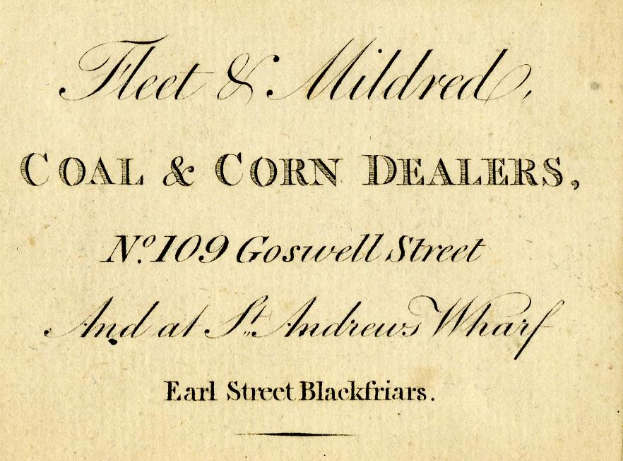 Alte Visitenkarte für Fleet & Mildred, Kohle- und Kornhändler, mit der Adresse Nr. 109 Goswell Street und St. Andrew's Wharf, Earl Street Blackfriars.