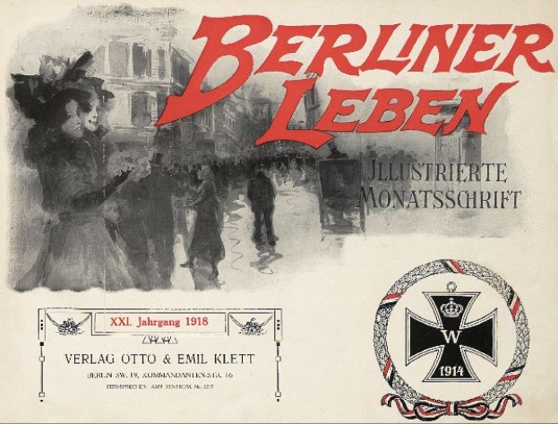 Alter Buchumschlag mit dem Titel "Berliner Leben", der eine Gruppe von Menschen in einer feierlichen Umgebung und ein militärisch verbundenes Logo zeigt.