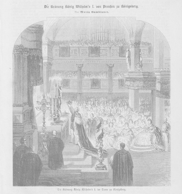 Schwarz-weiß-Zeichnung einer großen Menschenmenge in einer Kirche bei der Krönung Wilhelms II. von Deutschland, mit einem Kerzenständer links und Text oben und unten.