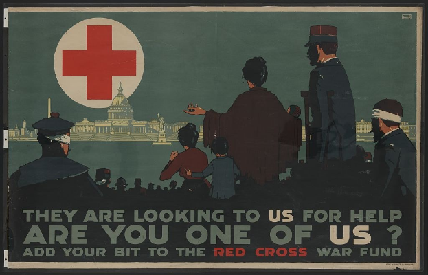 Plakat mit Menschen vor einem mit einem roten Kreuz markierten Gebäude, das die Zuschauer dazu aufruft, dem Roten Kreuz-Kriegsfonds beizutragen, mit dem Text "Sie schauen zu uns um Hilfe, bist du einer von uns? Föge deinen Teil zum Roten Kreuz-Kriegsfonds bei."