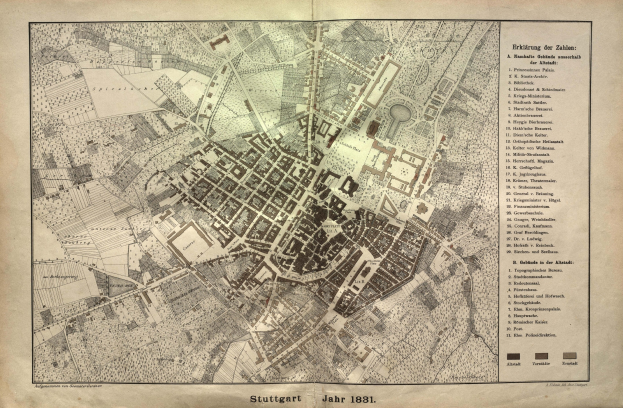 Alte Karte von Stuttgart, Deutschland aus dem Jahr 1881, zeigt detaillierte Straßen und Textanmerkungen.