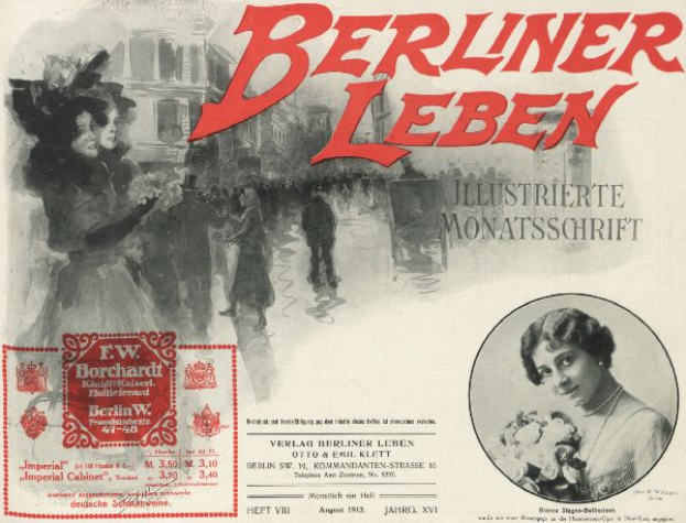 Eine Gruppe von Menschen steht vor einem Gebäude auf einem Werbeplakat für den Film "Berliner Leben", mit Text, der den Film und seine Charaktere beschreibt.