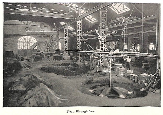 Schwarz-weißes Foto einer Fabrik mit Arbeitern, die an Maschinen arbeiten, umgeben von Metallstangen und -pfählen, beschriftet mit 'Neue Eisenglebeerei, die erste Fabrik in Deutschland' unten.