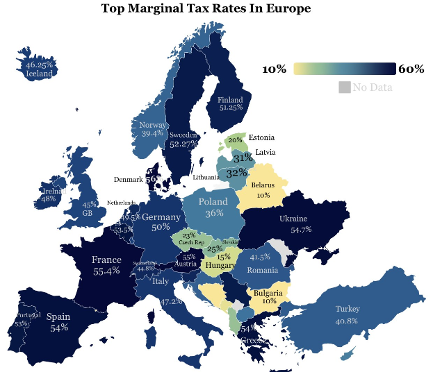 Eine Europakarte, die die höchsten Steuersätze je Land anzeigt, mit der Überschrift "Höchste Steuersätze in Europa."