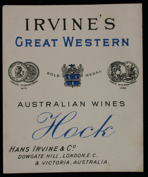 Plakat, das Irvine's Great Western Australian Wines Hock mit Firmenlogos und Text wirbt.