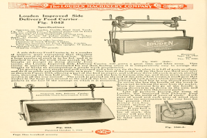 Anzeige für den verbesserten Seitengabe-Feed-Träger von Louden, zeigt eine große rechteckige Maschine mit einem oberen Griff, einer Seitendeckel und einem unteren Förderband, begleitet von Text, der seine Spezifikationen auflistet.