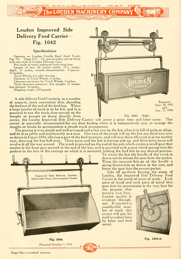 Anzeige für den verbesserten Seitengabe-Feed-Träger von Louden, zeigt eine große rechteckige Maschine mit einem oberen Griff, einer Seitendeckel und einem unteren Förderband, begleitet von Text, der seine Spezifikationen auflistet.
