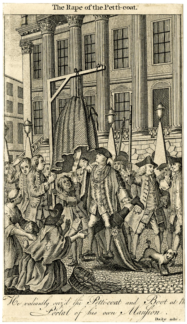 Ein Plakat, das eine Gruppe verzweifelter Menschen, einen Hund und ein Fenster mit der Aufschrift "Die Vergewaltigung des Petit-Coat" zeigt.