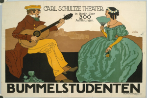 Ein Plakat, das ein Konzert im Carl-Schulze-Theater in Berlin ankündigt, zeigt einen Mann mit einer Gitarre und eine Frau mit einem Fächer, mit Text auf dem Plakat.