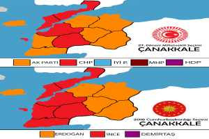 Eine Karte von Türkei, die in verschiedenen Farben dargestellt ist, um den Prozentsatz der Bevölkerung in jedem Gebiet zu zeigen, mit dem Text "Canakkale Wahlresultate 2018".