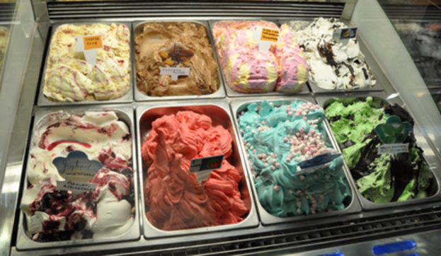 Tabletts mit verschiedenen Eissorten, jeweils mit beschrifteter Namensschild