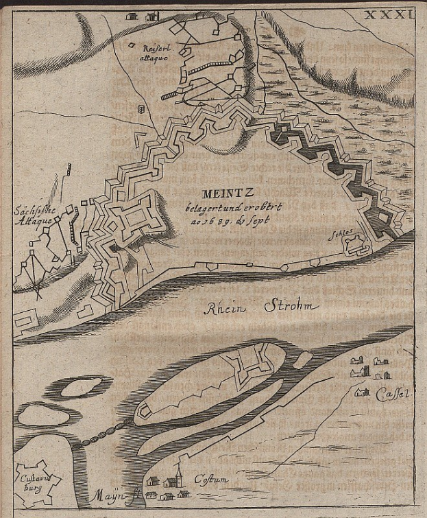 Ausführliche alte Karte von Meintz, Deutschland, zeigt Straßen, Gebäude, Sehenswürdigkeiten und Text mit Bevölkerungsangaben, Lage und historische Informationen.