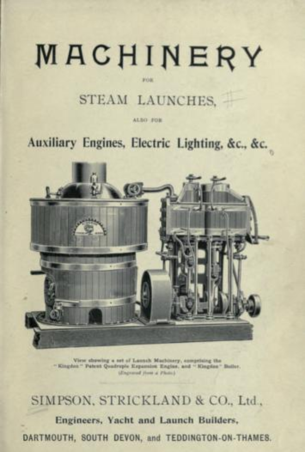 Ein altes Buchcover mit einer detaillierten Illustration einer Dampfmaschine, auf der steht "Maschinen für Dampfschiffe, auch für Hilfsmaschinen, Elektrobeleuchtung & C."