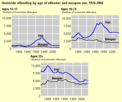 Eine Liniendiagramm, das die Homicide-Offending-Rates nach Alter des Täters und Waffennutzung von 1976 bis 2004 zeigt, mit begleitendem erklärendem Text.