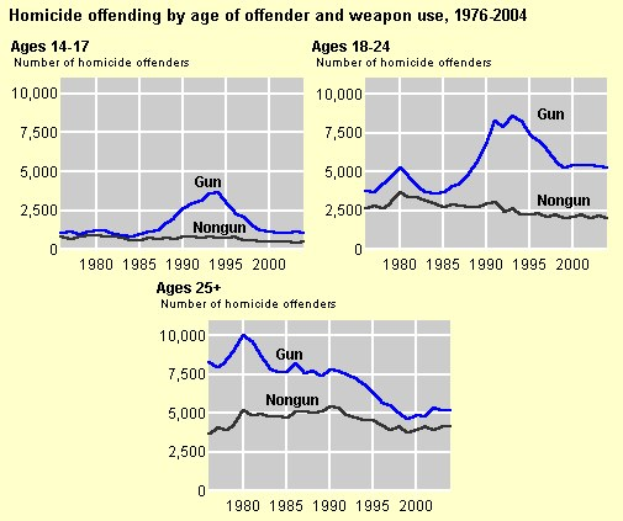 Eine Liniendiagramm, das die Homicide-Offending-Rates nach Alter des Täters und Waffennutzung von 1976 bis 2004 zeigt, mit begleitendem erklärendem Text.