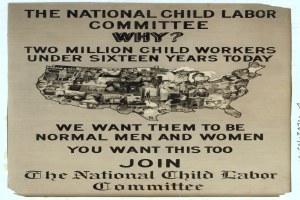 Plakat mit der Aufschrift "Nationaler Ausschuss für Kinderarbeit: Warum? Zweieinhalb Millionen Kinderarbeiter unter sechzehn Jahren heute" mit einer USA-Karte und Illustrationen von Ausschussmitgliedern.