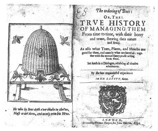 Altes Buch mit dem Titel 'Die Ordnung der Bienen oder die wahre Geschichte ihrer Haltung' mit einer Bienenstock-Illustration und Insekten auf dem Cover.