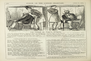 Ein altes Buch mit einer Illustration eines Mannes in einem Anzug, der in einem Stuhl sitzt und eine Frau neben ihm steht, betitelt mit "Die Macht der öffentlichen Meinung."