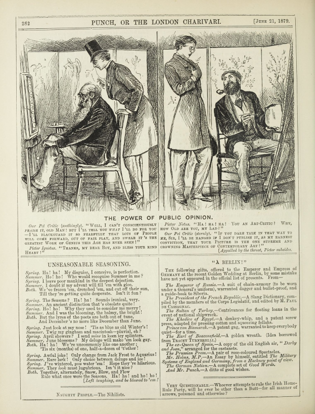 Ein altes Buch mit einer Illustration eines Mannes in einem Anzug, der in einem Stuhl sitzt und eine Frau neben ihm steht, betitelt mit "Die Macht der öffentlichen Meinung."