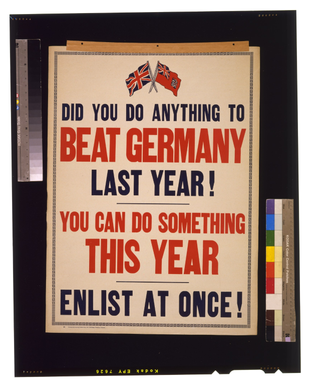 Plakat mit schwarzem Text auf weißem Hintergrund, eingerahmt von einem schwarzen Rand, mit der Botschaft "Hast du etwas gegen Deutschland unternommen? Du kannst etwas tun - melde dich jetzt an!"