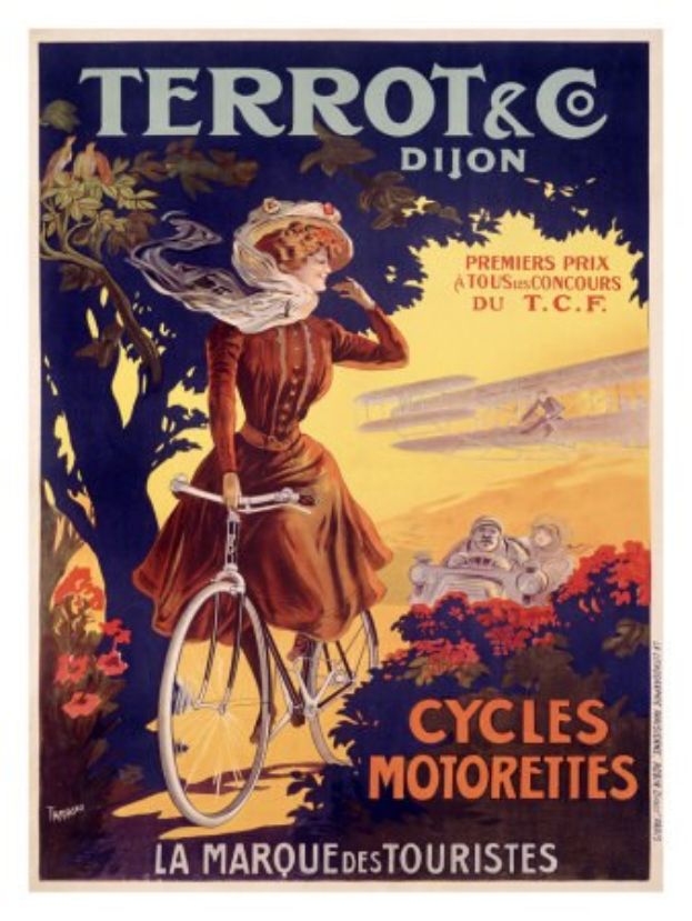 Ein Plakat, das eine Fahrradtour in Frankreich ankündigt und eine Frau auf einem Fahrrad zeigt, umgeben von Bäumen, Blumen und anderen Menschen, mit Text, der die Tour beschreibt.
