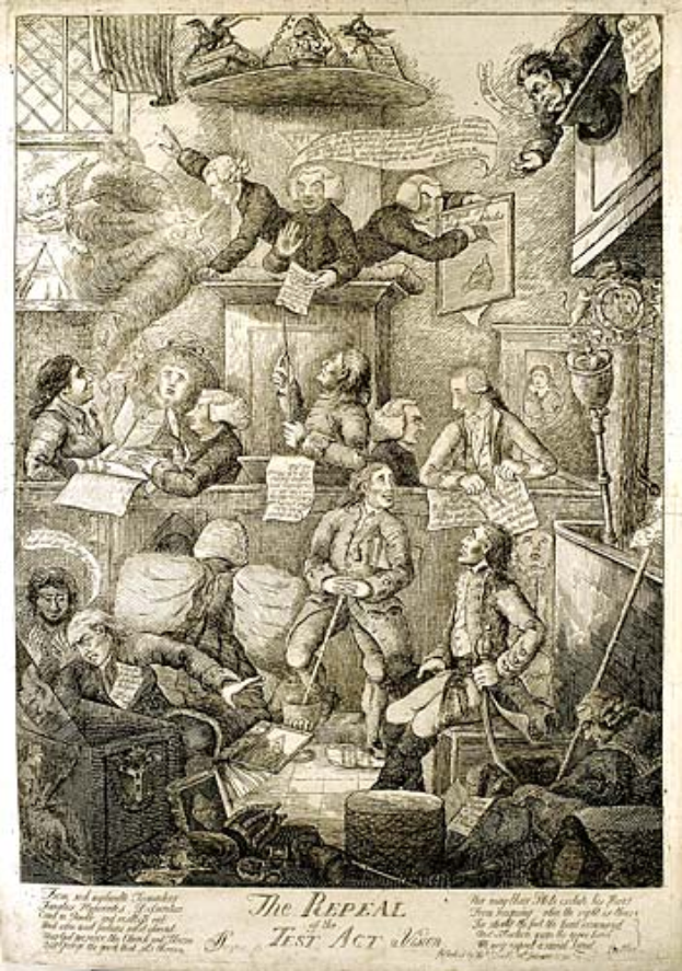 Eine Gravur, die eine Gruppe von Menschen zeigt, die um einen Tisch in einem Raum sitzen, einige halten Papiere mit der Inschrift "Die Aufhebung des Test Act" unten.