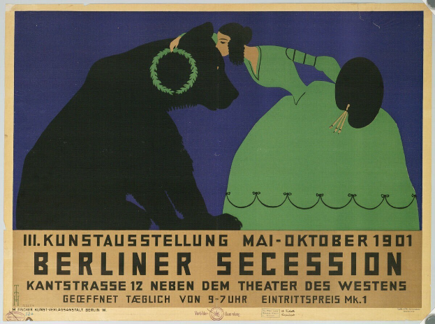 Plakat der Berliner Secession mit einer Frau in grünem Kleid und einem Mann in schwarzem Anzug, mit Textbeschreibung des Ereignisses.