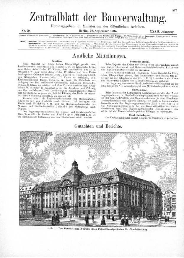 Eine schwarze und weiße Zeitungsseite mit einer Zeichnung eines Museumsgebäudes in Berlin, Deutschland, umgeben von Text und Menschen.