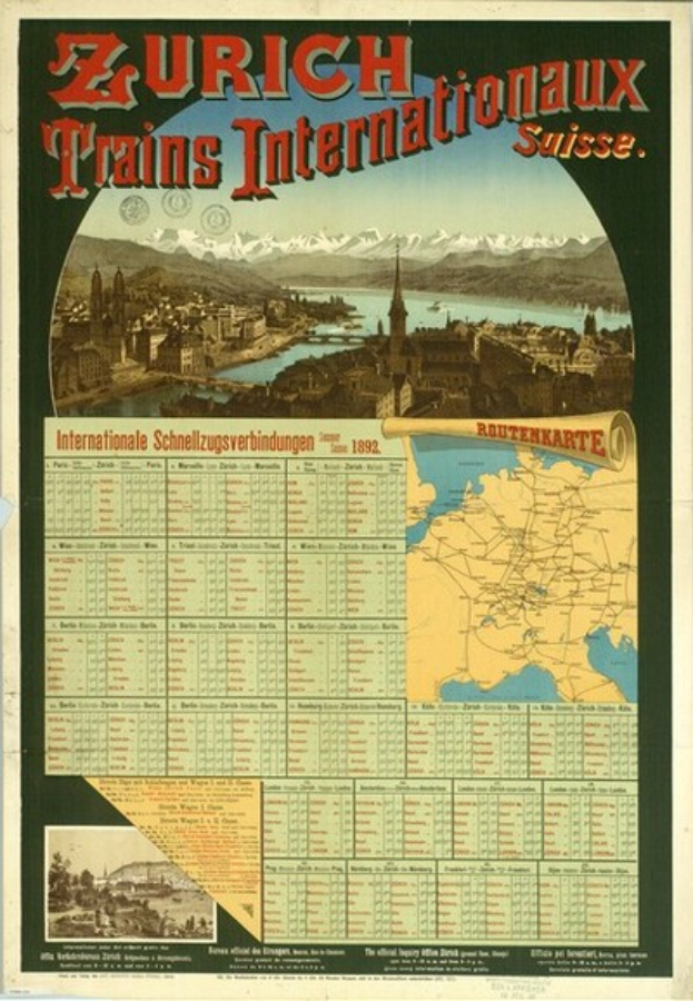 Ein Vintage-Plakat, das die Zurich Trains Internationalaux in der Schweiz bewirbt, zeigt eine Stadtkarte mit Gebäuden, Wasser und Bergen im Hintergrund sowie Text.