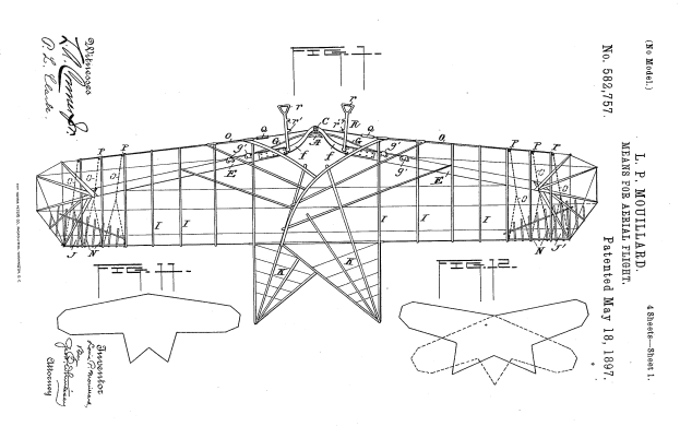 Ein detailliertes Zeichnung eines Modellflugzeugs auf einem weißen Hintergrund, das Flügel, Heck und Propeller zeigt, mit Text und Zahlen, die darauf hinweisen, dass es sich um ein Patent für ein Flugzeug handelt.